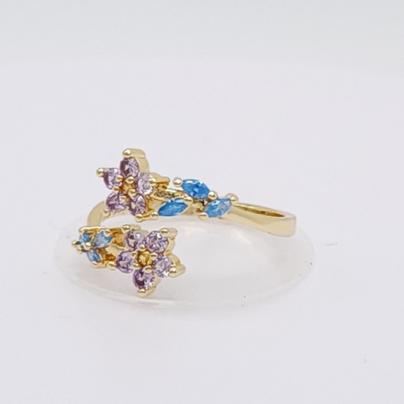 Adjustable Zircon Leaf & Flower Ring Gold Tone Purple & Blue Stones NWOT - Picture 6 of 15